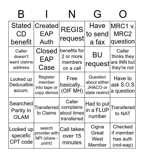 Provider Services Bingo Card