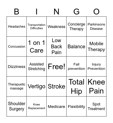 Custom Care Rehab Bingo Card