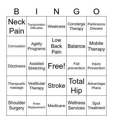 Custom Care Rehab Bingo Card