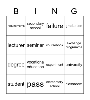 school Bingo Card