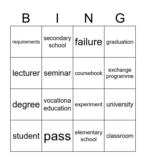 school Bingo Card