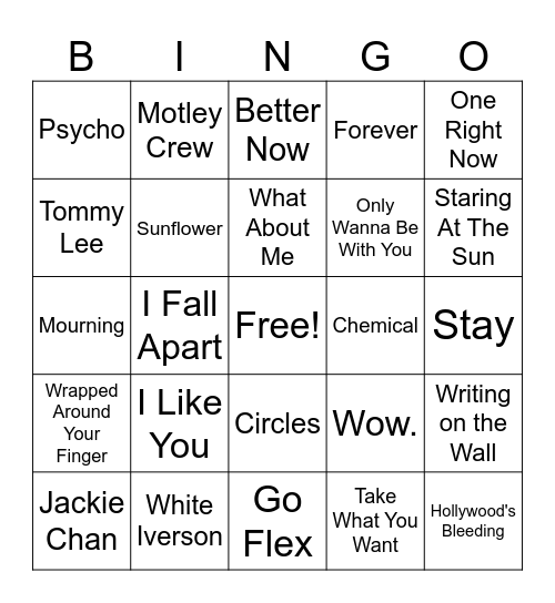 Music Bingo: Post Malone Bingo Card