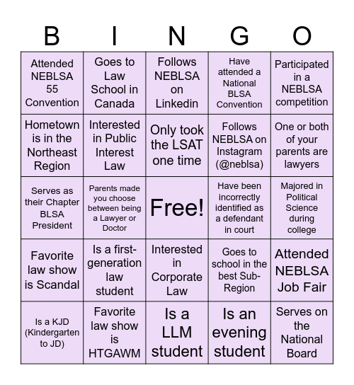 NEBLSA 56 Leadership Retreat Bingo Card