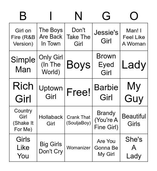 Music Bingo: Boys vs. Girls Bingo Card