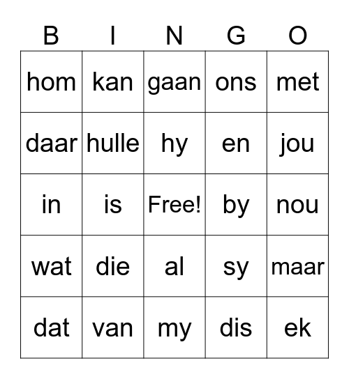 Bingo Gr. 1 Afrikaans HT Bingo Card