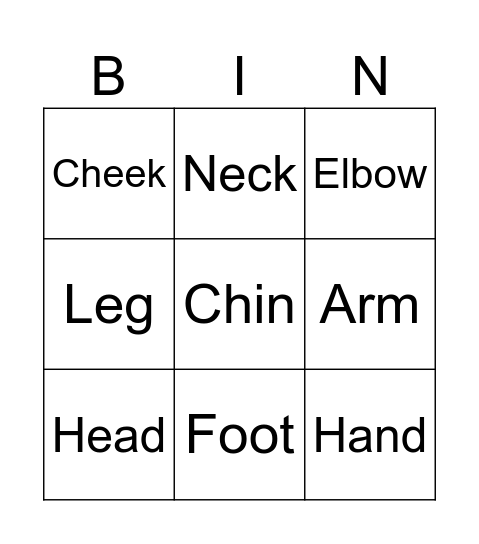 Body part Bingo Card