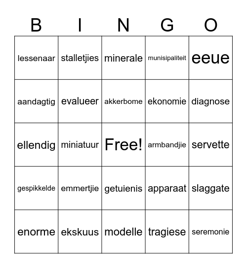 Bingo Afrikaans Gr. 5 Bingo Card