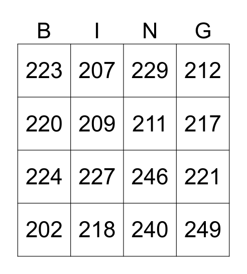 Numbers 201 to 250 Bingo Card