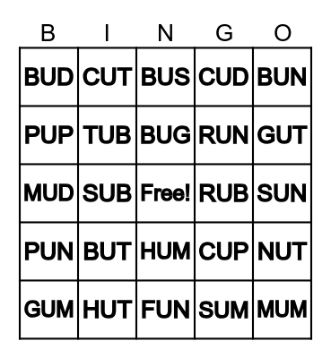 CVC BINGO- SHORT "U" WORDS Bingo Card