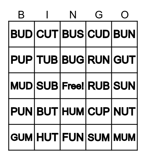 CVC BINGO- SHORT "U" WORDS Bingo Card