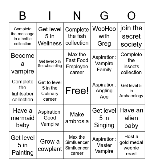 Sims 4 Random Events Bingo Card