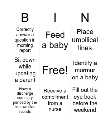 NICU Bingo Card