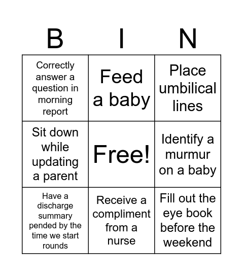 NICU Bingo Card