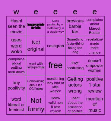 Barbie Movie reviews Bingo Card
