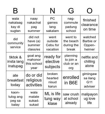 Back To School Bingo Card