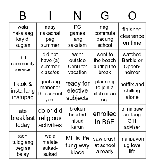 Back To School Bingo Card