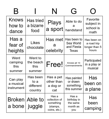 Teen Life Group Ice Breaker Bingo Card