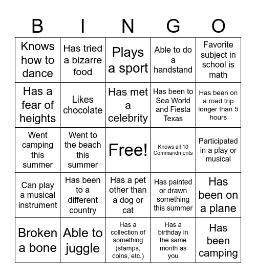 Teen Life Group Ice Breaker Bingo Card