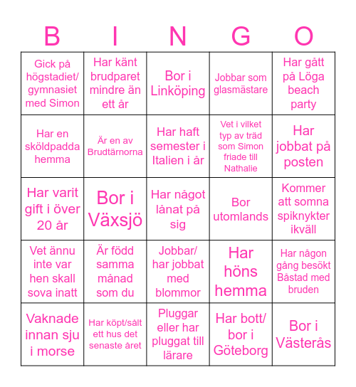 Simons & Nathalies Bröllopsbingo Card