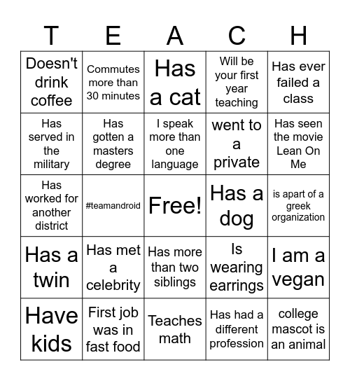 New Teacher Bingo Card