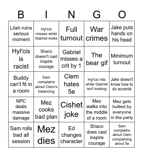 Pathfinder 2e Bingo Card