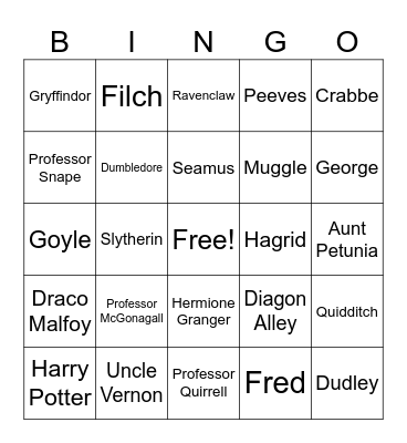 Harry Potter Names Bingo Card