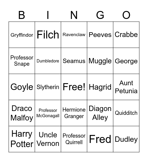 Harry Potter Names Bingo Card