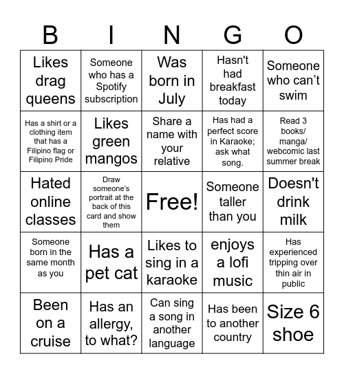 Filipino Human Bingo for Highschool Students Bingo Card