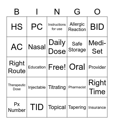 Medication Terms Bingo Card