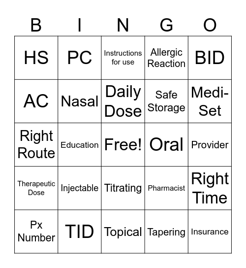 Medication Terms Bingo Card