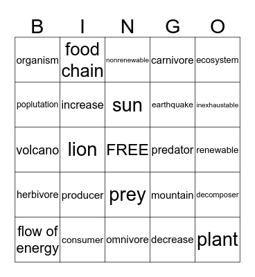 Food Chains & Ecosystems Bingo Card