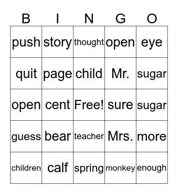 Tricky Words Bingo Card