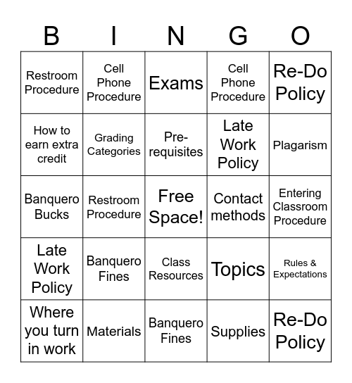 Syllabus Bingo! Bingo Card