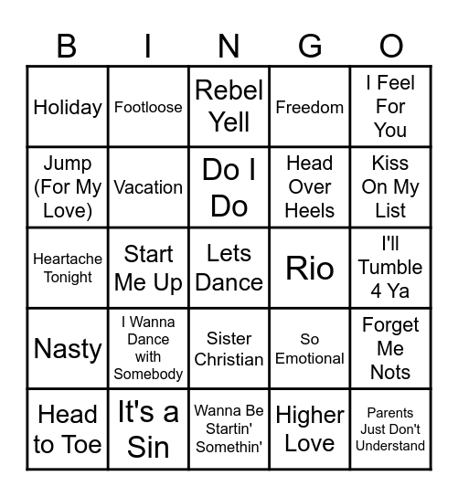 80s Summertime Bingo Card