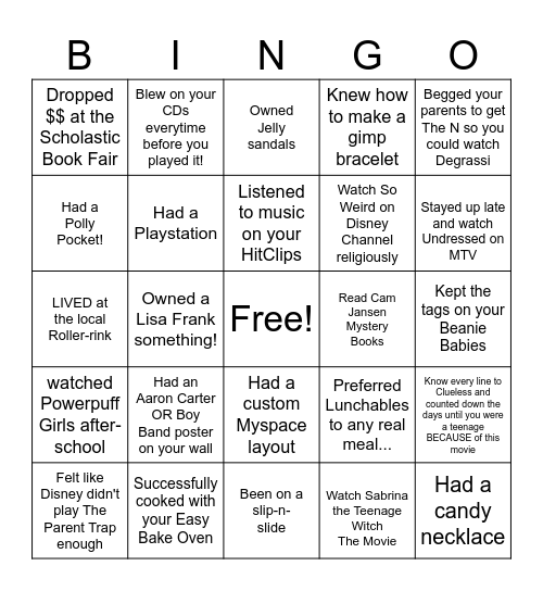 90s Baby Bingo Card