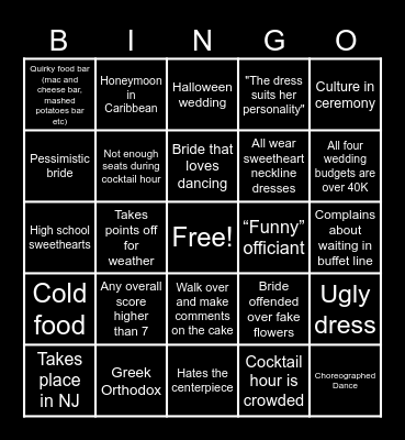 4 Weddings Bigno Bingo Card