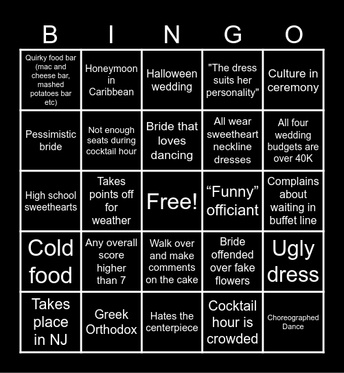 4 Weddings Bigno Bingo Card