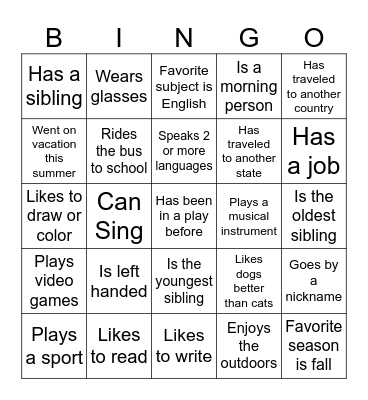 First Day of School Bingo Card