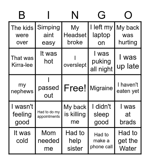 Demon Excuses! Bingo Card