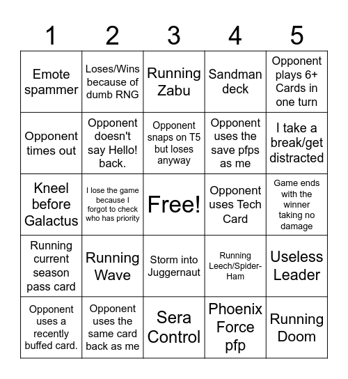 Marvel Snap Conquest Bingo Board Bingo Card