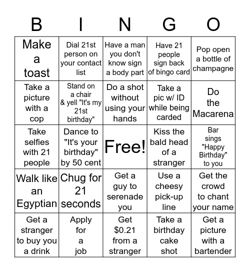 Miranda's 21st Birthday Bingo Card