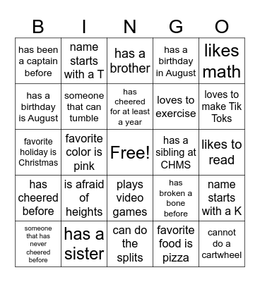CHMS Cheerleader Bingo Card