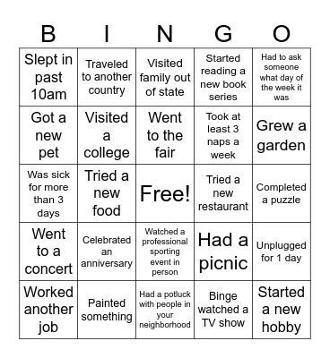 Back to School Bingo Card