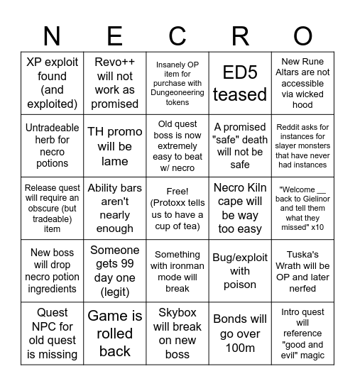 Necromancy Bingo Card