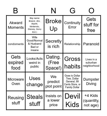 Extreme Cheapskates Bingo Card