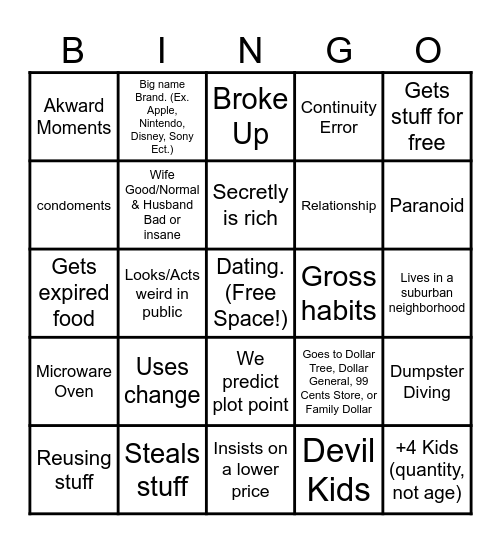 Extreme Cheapskates Bingo Card