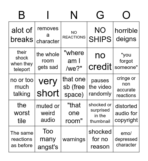 Gacha reacts Bingo Card