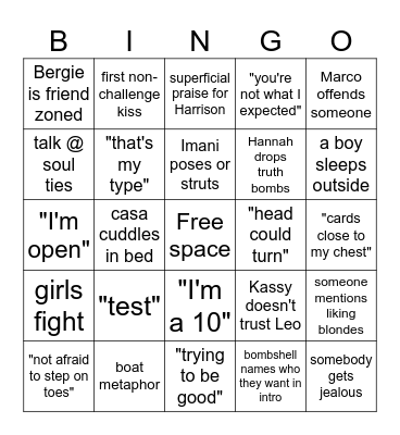 Love Island Bingo 8/7 Bingo Card
