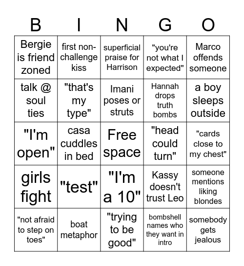 Love Island Bingo 8/7 Bingo Card