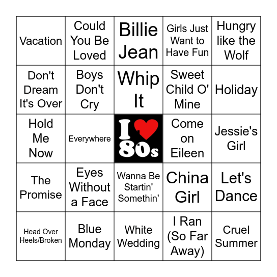 80s Music Bingo Card